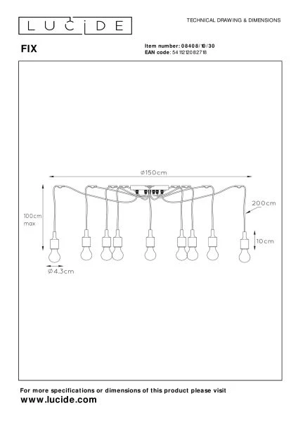 Lucide FIX MULTIPLE - Hanglamp - 10xE27 - Zwart - technisch